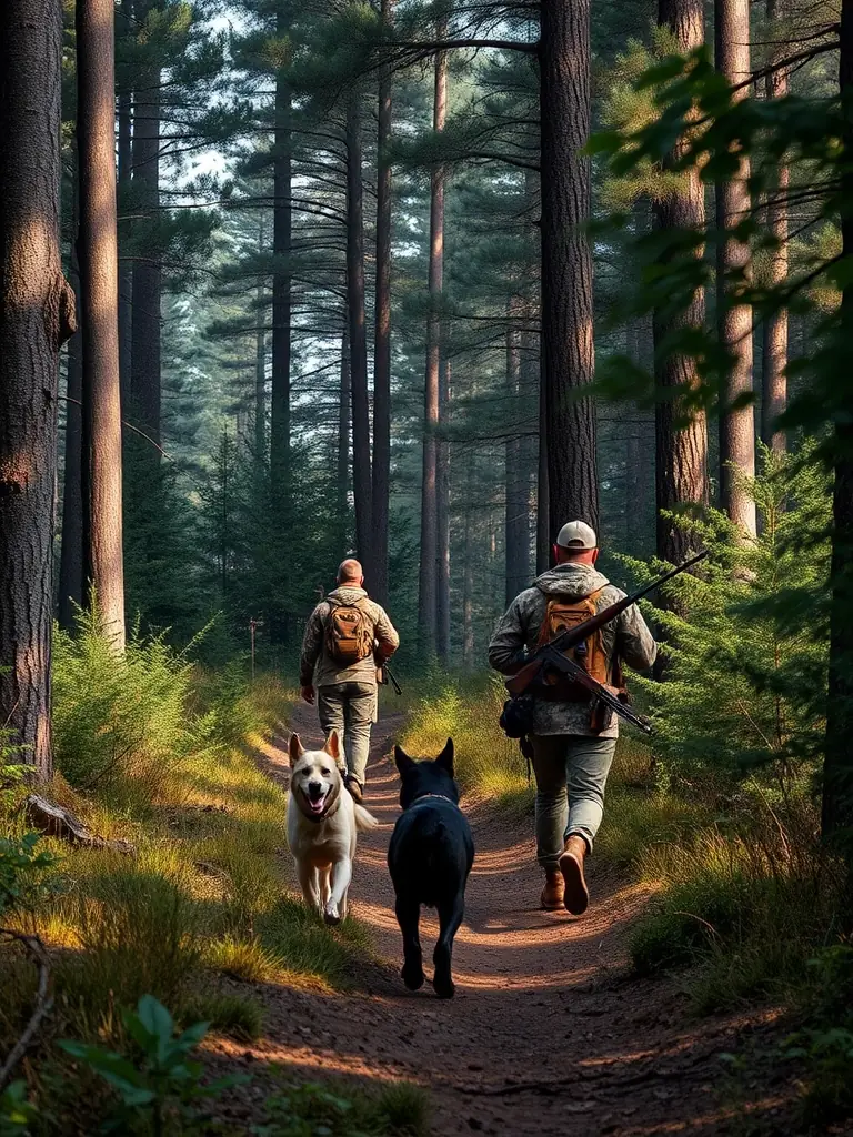 A scenic shot of a group of SCSC members participating in a wild boar hunting activity in a dense, wooded area, emphasizing the excitement and challenge of the hunt.