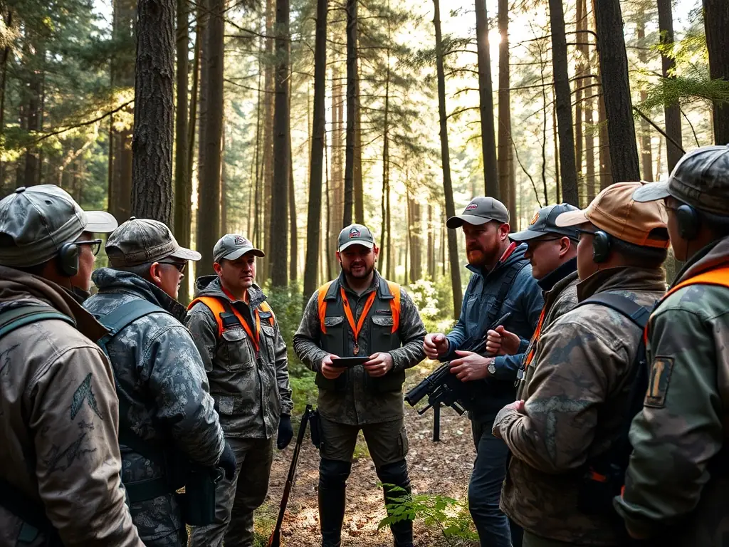 A wide shot of a group of hunters in camouflage gear preparing for a hunt in a forested area, with safety gear and hunting equipment visible, symbolizing SCSC's organized hunting activities.