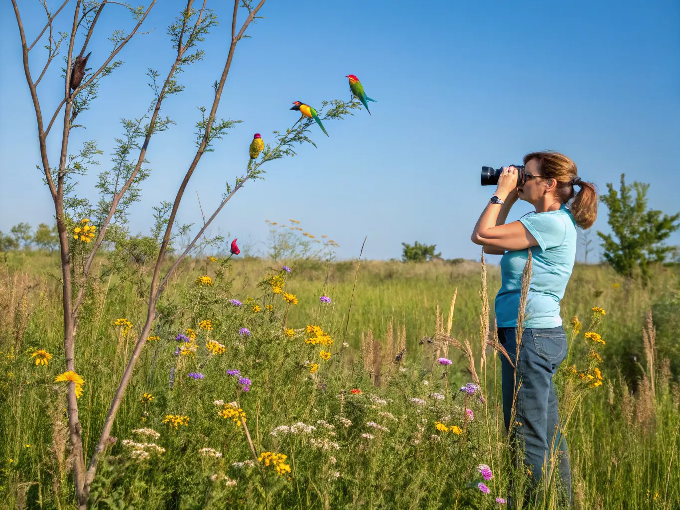A picturesque scene of a hunter observing wildlife through binoculars in a serene natural setting, highlighting the importance of wildlife management.